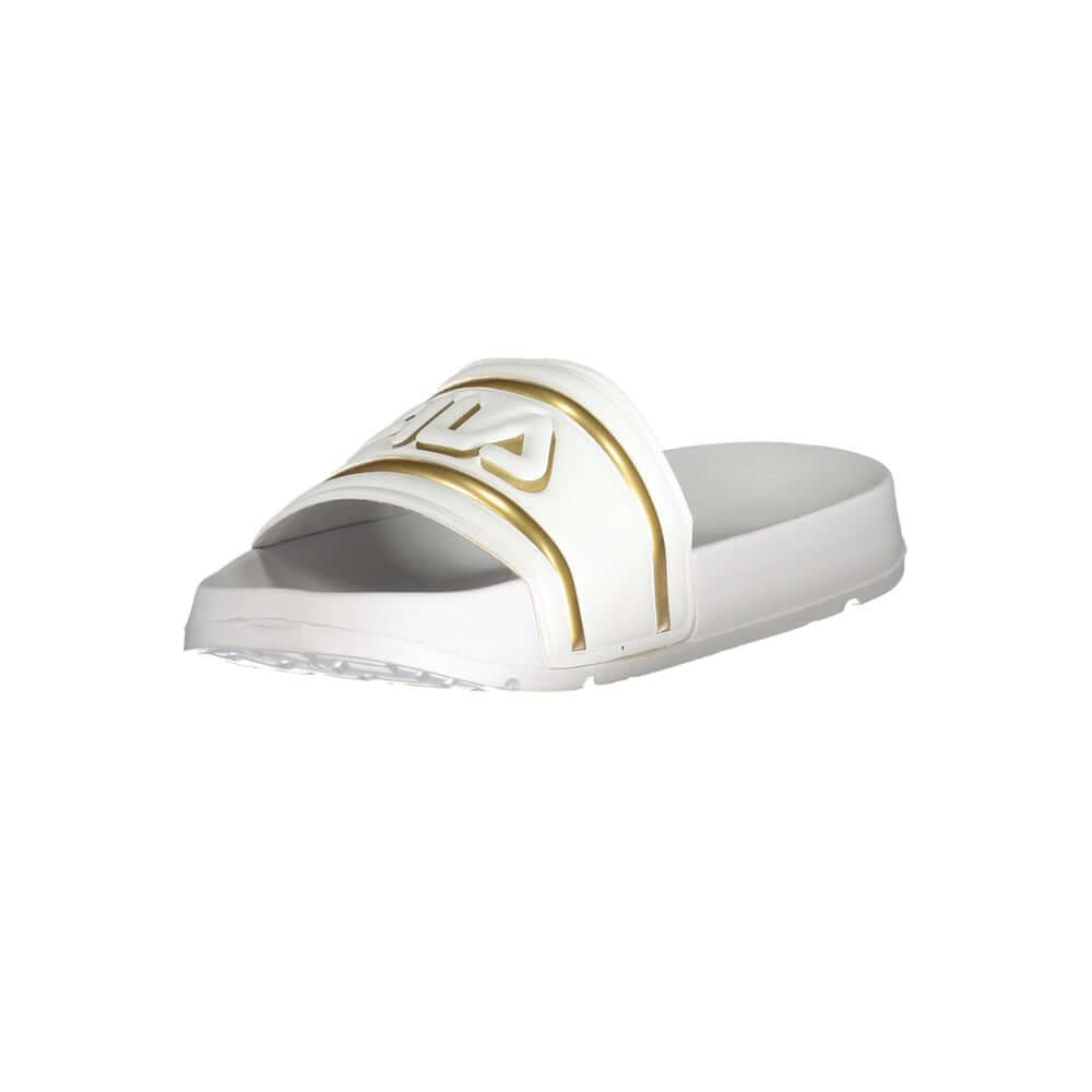 Fila White Polyethylene Sandal with gold logo and contrasting details, Morro Bay style slipper.