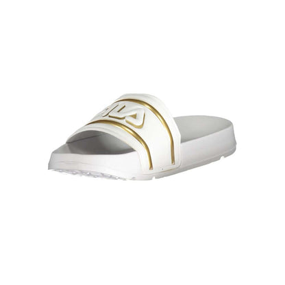 Fila White Polyethylene Sandal with gold logo and contrasting details, Morro Bay style slipper.