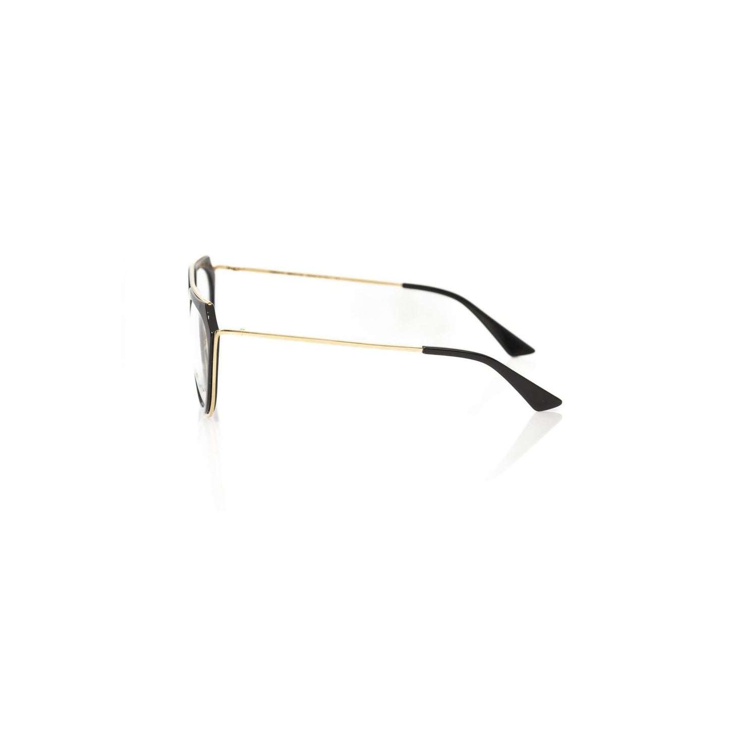 Side view of Frankie Morello Aviator-Style Chic Eyeglasses with Gold Accents, featuring black frame and gold metallic rods.