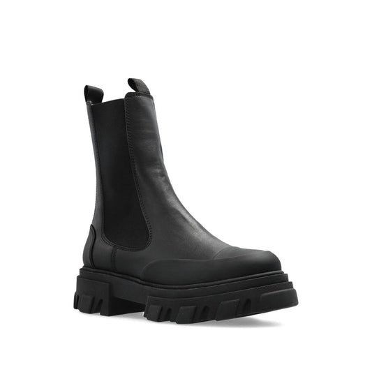 GANNI Boots Black, slip-on style with chunky rubber sole, elasticated side panels, pull-tab at heel, Chelsea mid leather boots.