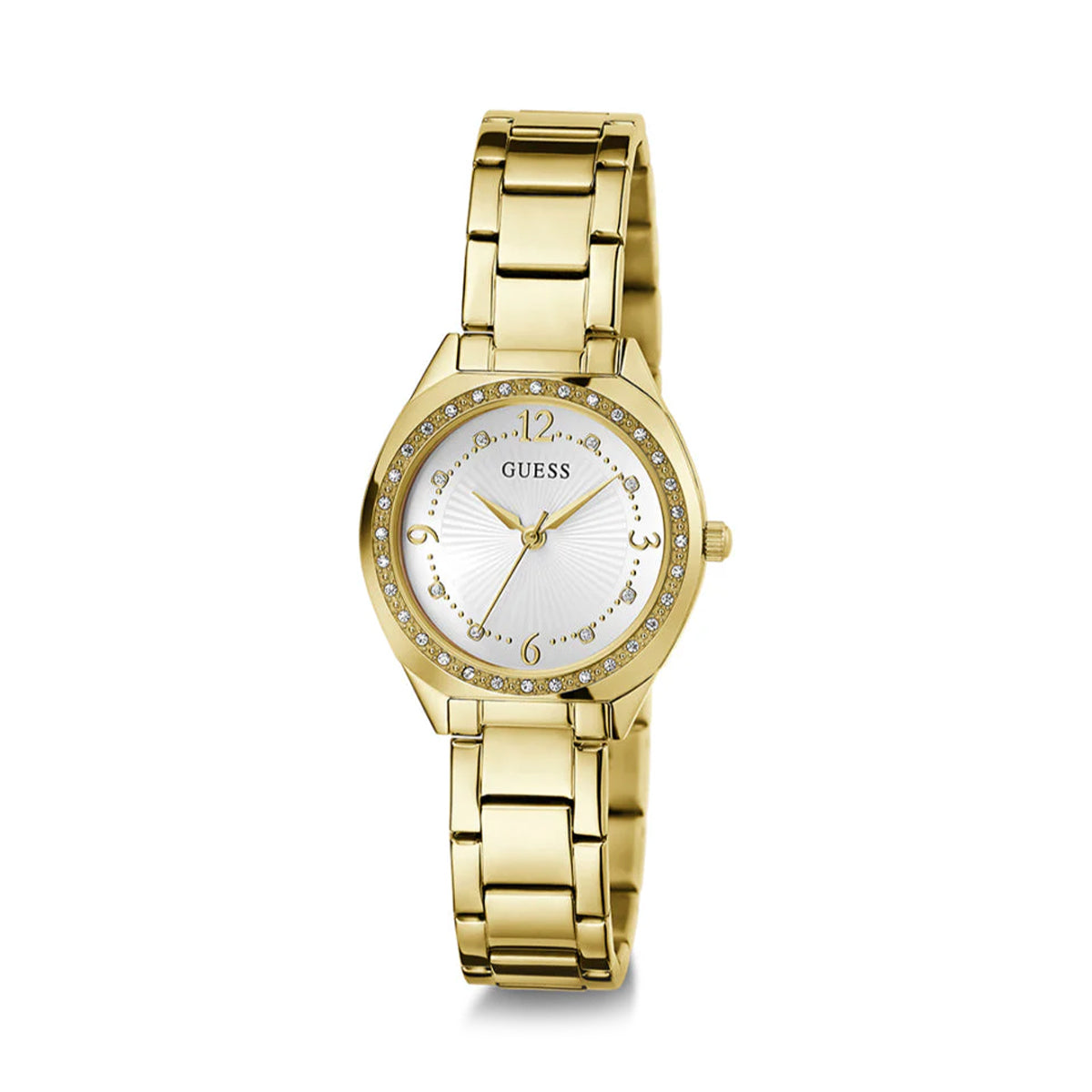 GUESS Mod. CHARLOTTE ladies wristwatch in IP gold with 30 mm case, 3 ATM water resistance, and quartz movement.