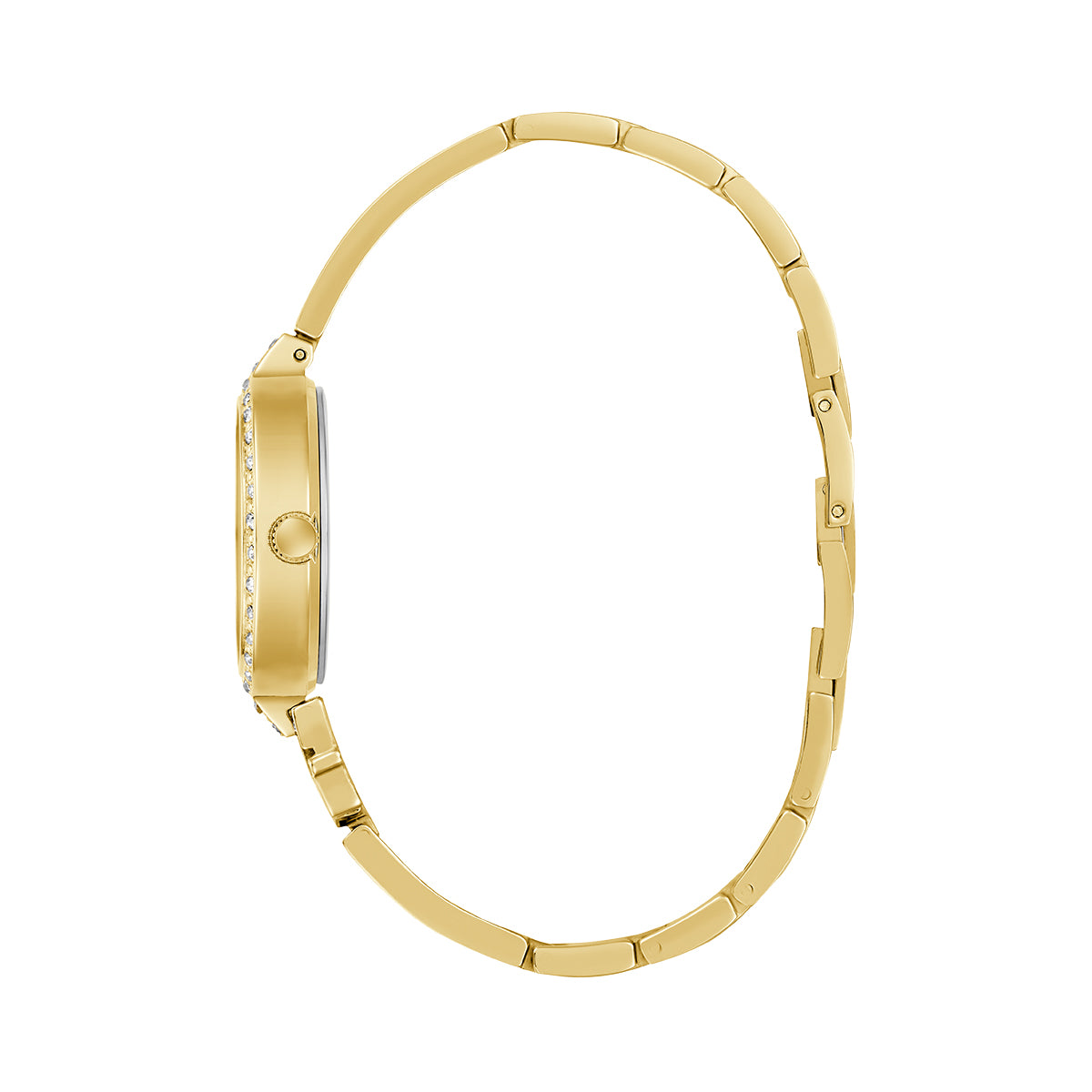 Side view of GUESS Mod. GISELLE gold wristwatch showcasing slim design and elegant band for stylish fashion wear.