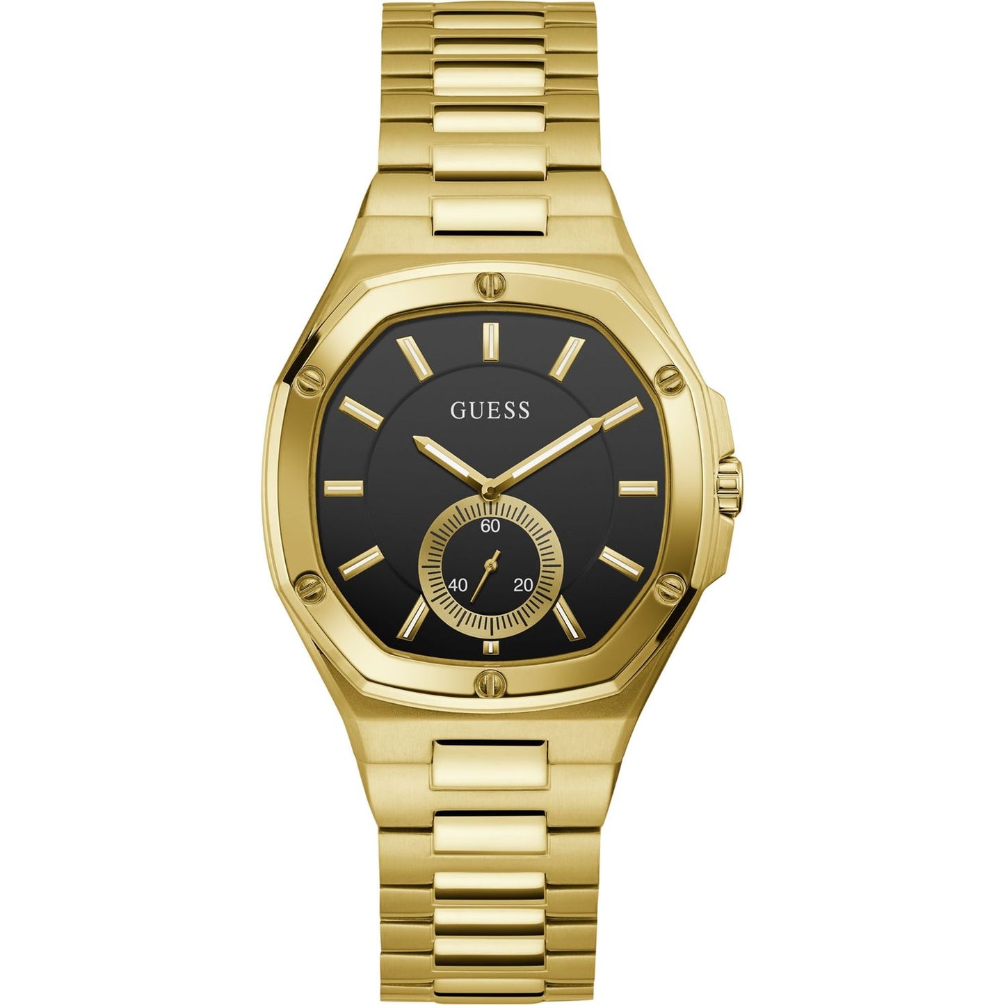 Gold GUESS watch with black dial, model GW0310L2, featuring analog quartz movement, in official packaging for women.