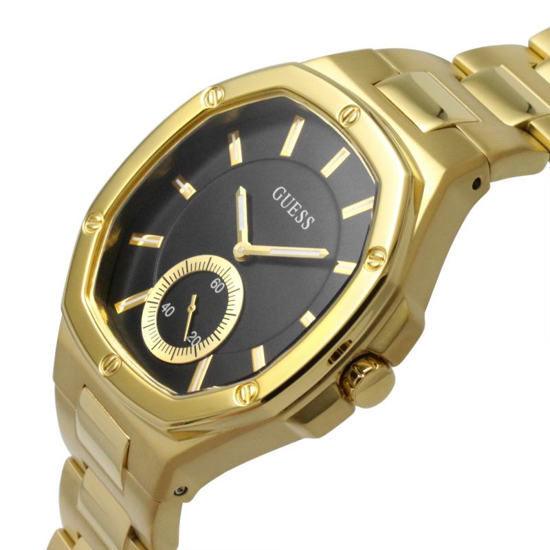 Gold-tone GUESS Mod. GW0310L2 Quartz Analog watch with black dial and calendar function, water-resistant up to 5 ATM.