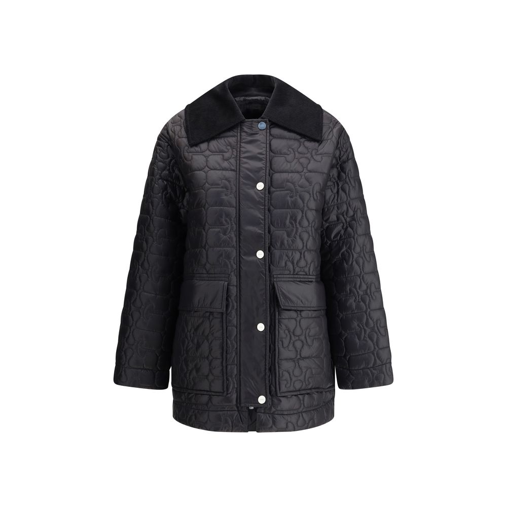 Alt Tag: Ganni glossy finish down jacket with wide corduroy collar, quilted design, front zipper, snaps, and patch pockets.