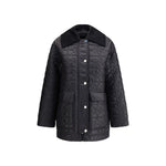 Alt Tag: Ganni glossy finish down jacket with wide corduroy collar, quilted design, front zipper, snaps, and patch pockets.