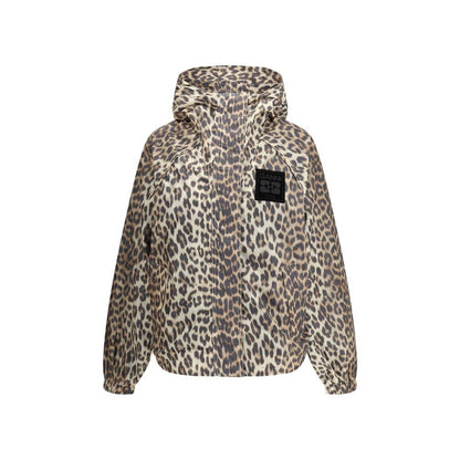 Ganni Multicolor Nylon Rain Coat with leopard print, featuring front zipper, hood, and GANNI logo patch, perfect for stylish rainy days.