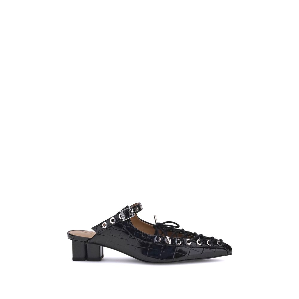 Ganni Oleatex laced Mules with metal eyelets and crisscross laces, inspired by 1920s lace-up boots, featuring a GANNI butterfly logo heel.