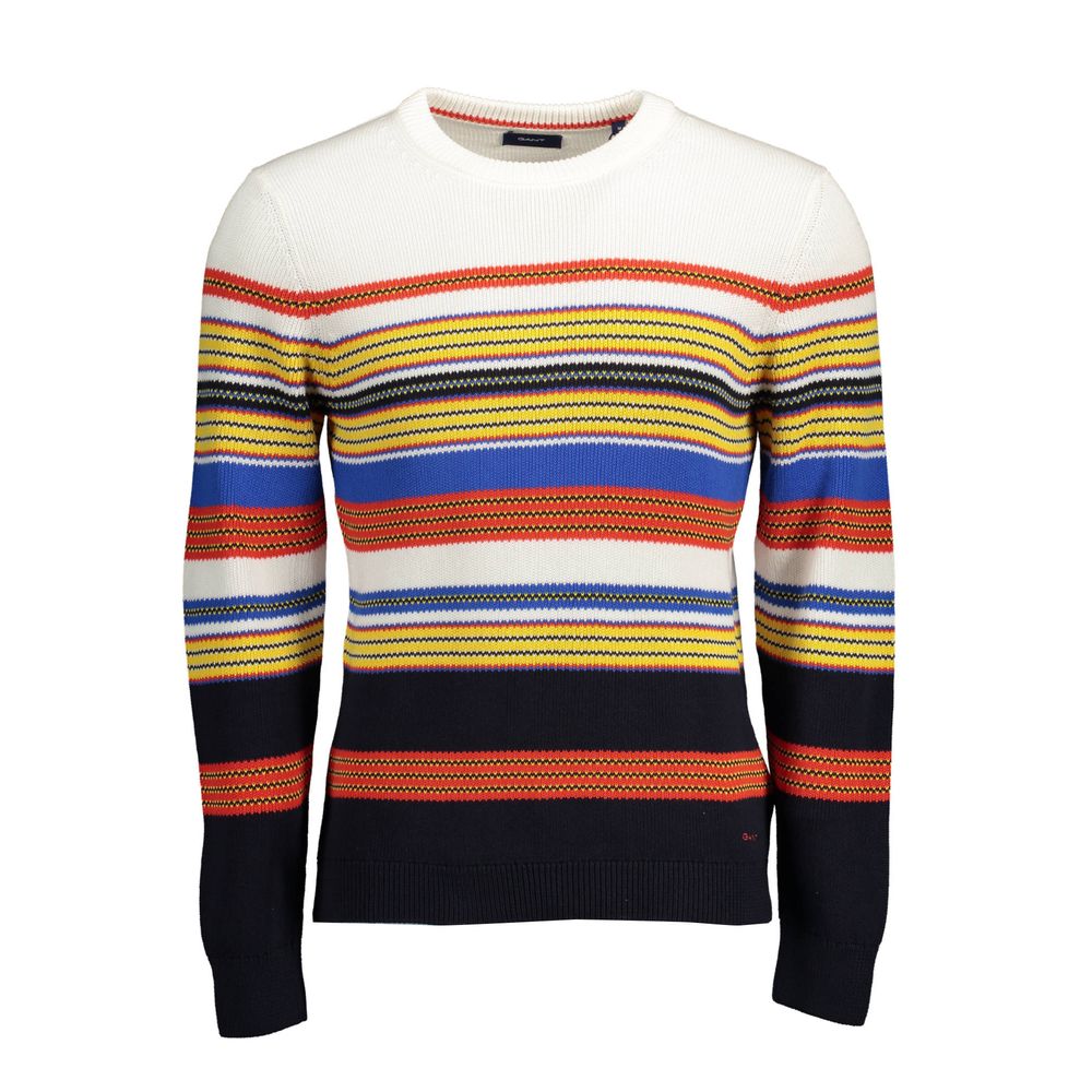 Colorful striped sweater with long sleeves and crew neck displayed against a white background.