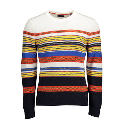 Colorful striped sweater with long sleeves and crew neck displayed against a white background.