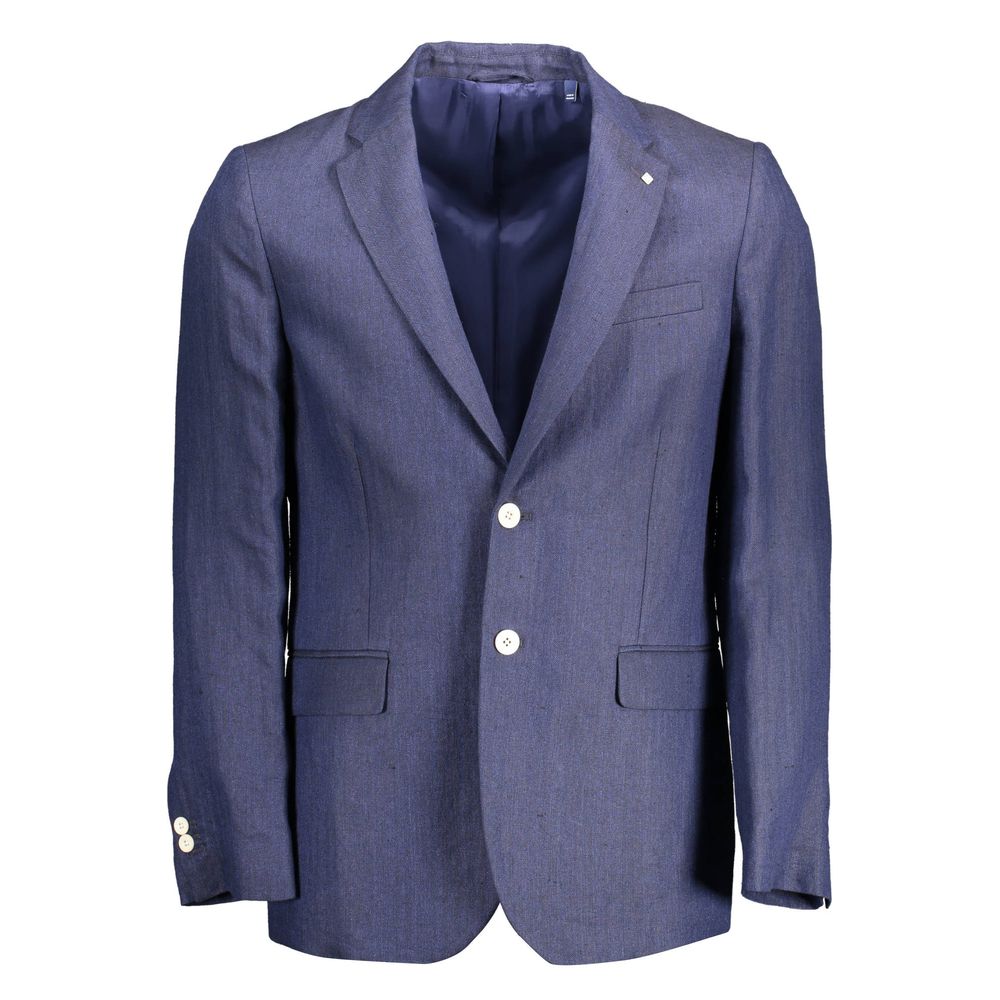 Gant Blue Linen Men Jacket with long sleeves and two-button closure, ideal for elegant casual wear.