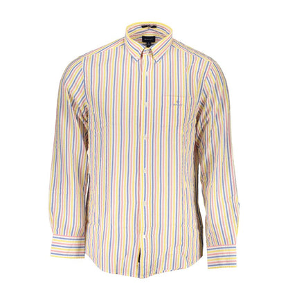 Colorful striped men's shirt with logo and button-down collar