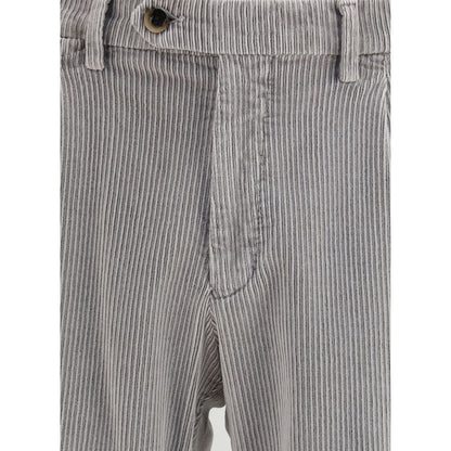 Close-up of Germano Gray Cotton Casual Pants showcasing corduroy texture, belt loops, and button closure.