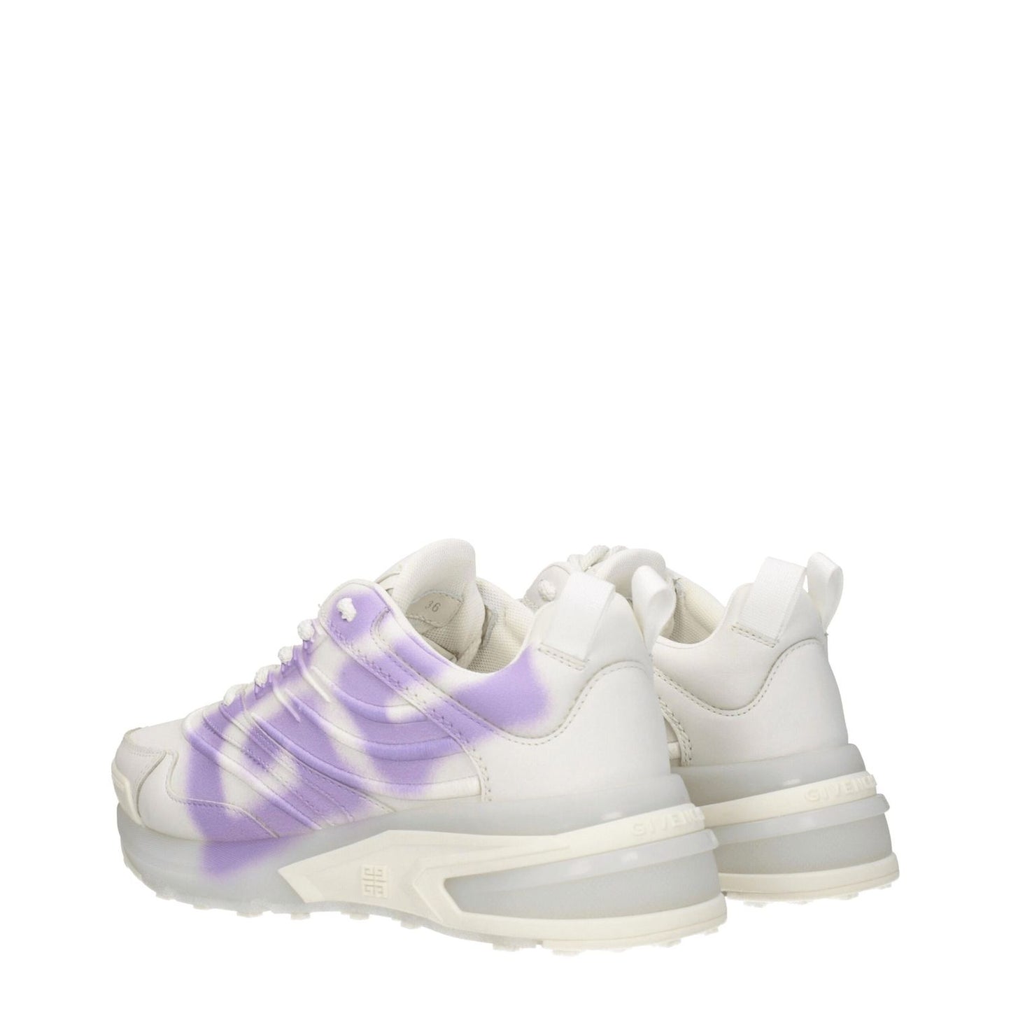 Givenchy Beige Leather Low Top Sneakers with lilac detail, featuring logos, lace-up closure, and rubber sole, side and back view