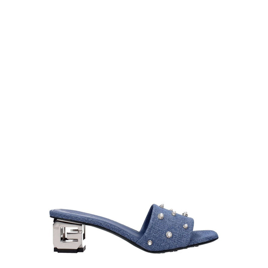 Givenchy Blue Fabric Sandals with rhinestones, open toe, and mid heels, featuring a leather sole and side logo.