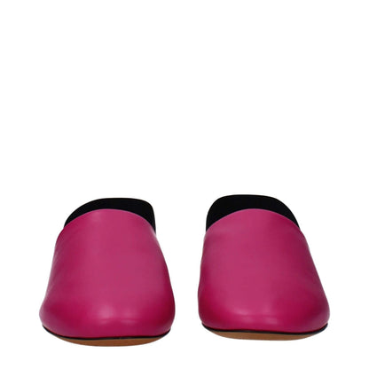 Front view of Givenchy Pink Leather Sandals with low flat heel, round toe, and black detailing, showcasing the elegant fuchsia leather design.