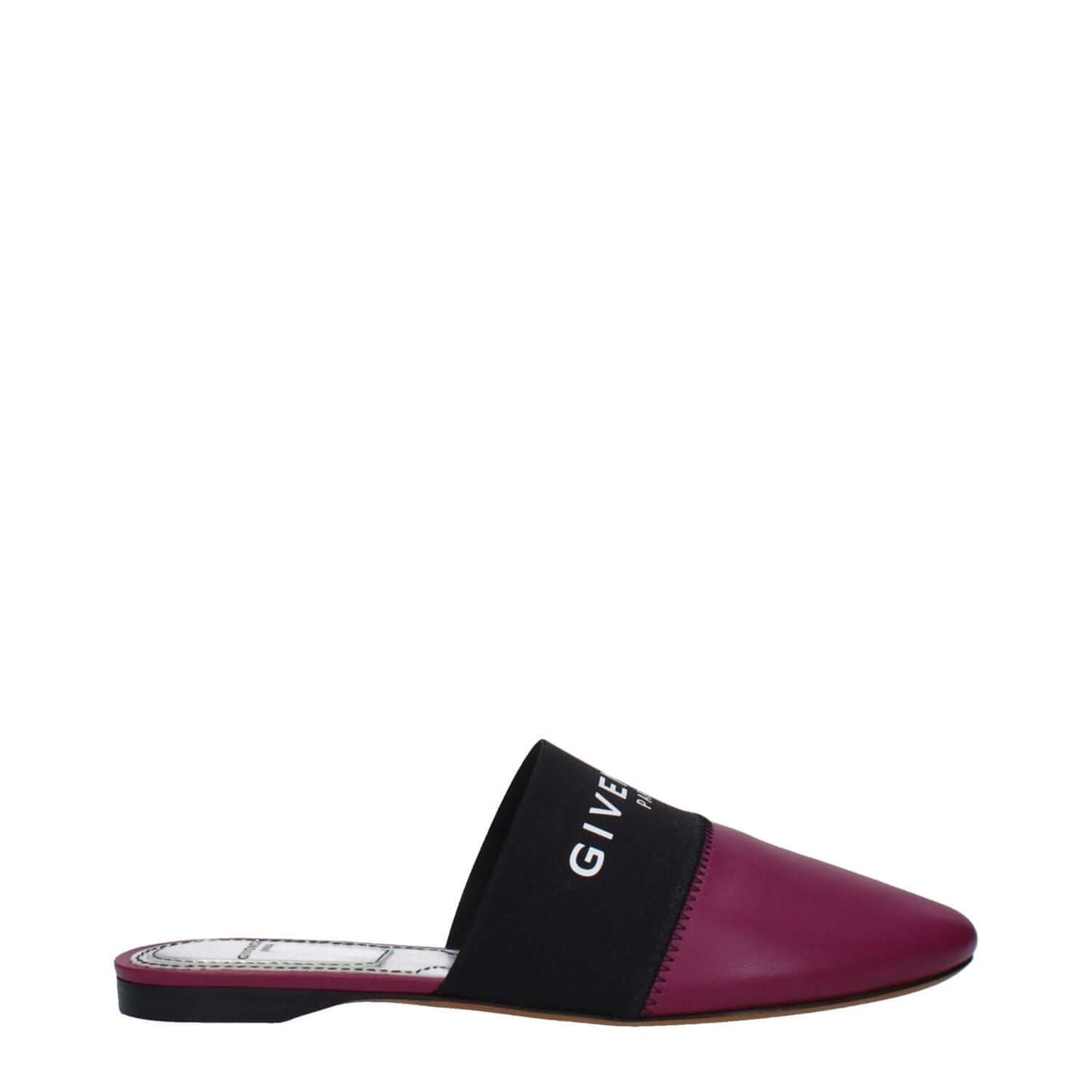 Givenchy Purple Leather Slippers featuring front logo on dark orchid round toe, low flat heel, and leather sole for casual style.
