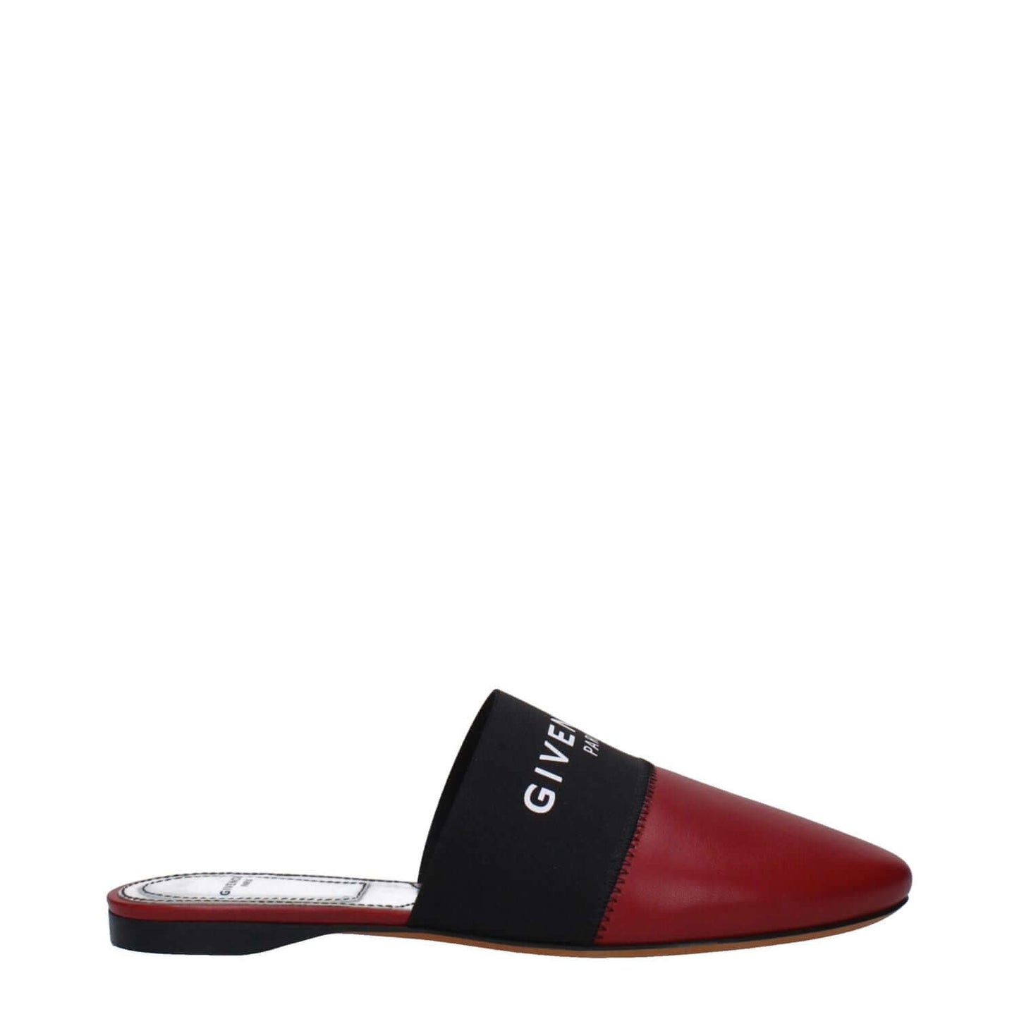 Givenchy Red Leather Slippers with logo, round toe, low flat heel, designed for casual style.