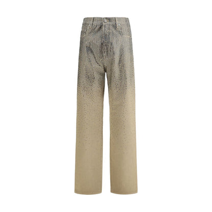 Golden Goose Bicolor Cotton Straight-Leg Jeans with rhinestones, five-pocket style, and zip closure.