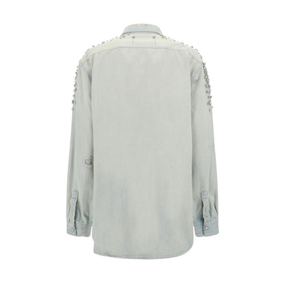 Back view of Golden Goose Blue Denim Shirt with bead embellishments on shoulders, oversized fit, 100% cotton.
