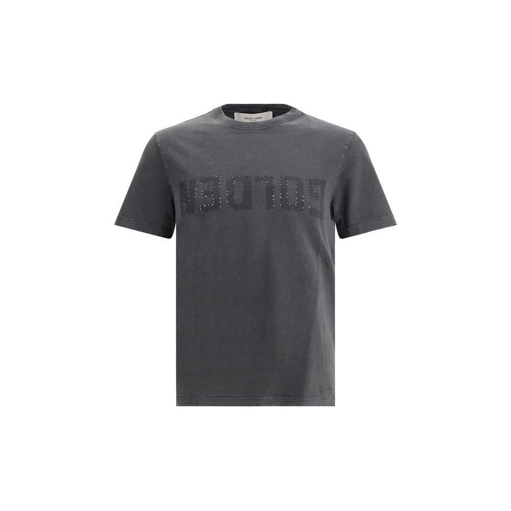 Golden Goose Gray Cotton T-Shirt with ribbed crew neck and embroidered patch, featuring a perforated monogram for vintage style.