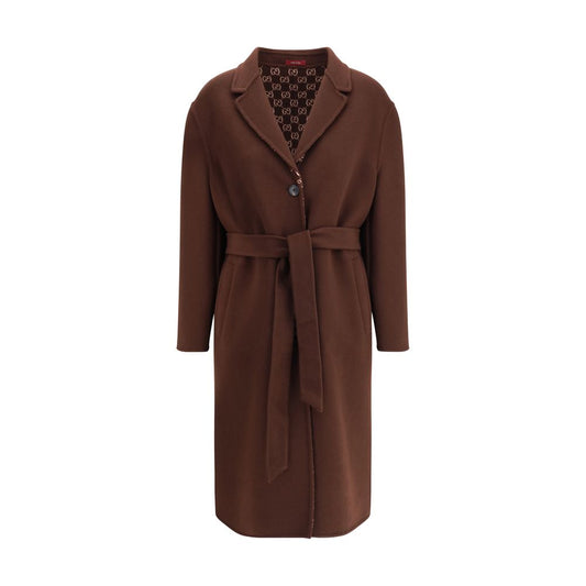 Gucci Brown Wool Coat with notch lapels, button closure, side pockets, and reversible GG pattern in silk wool.