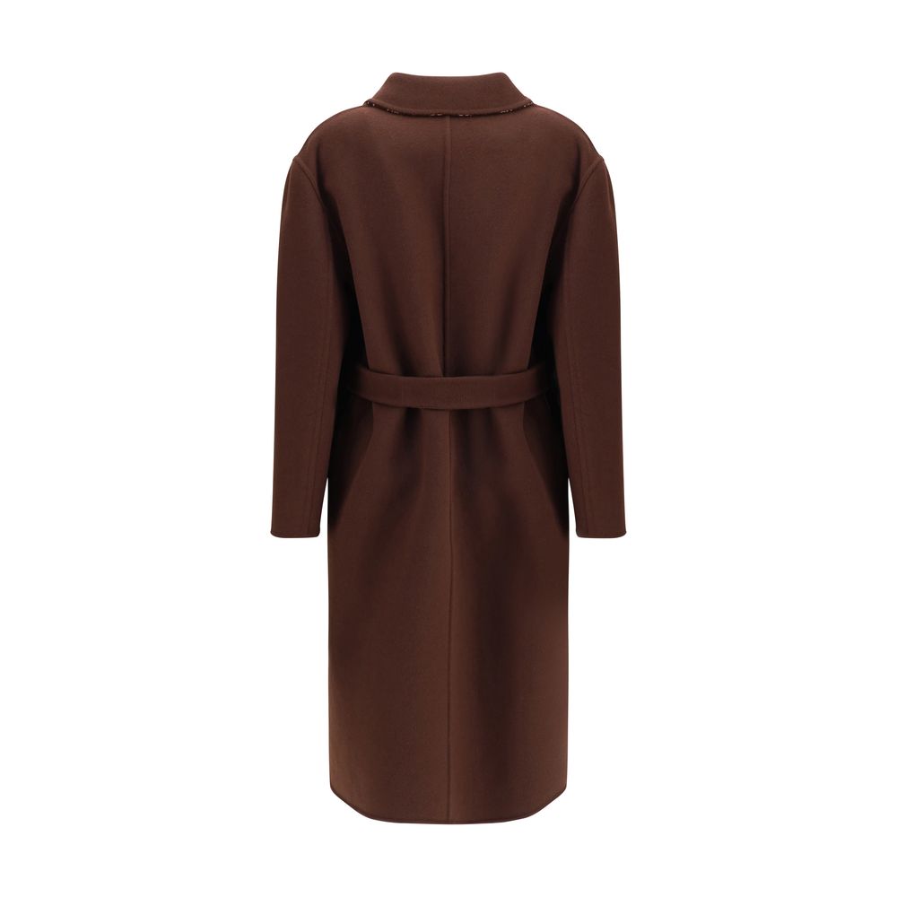 Back view of Gucci Brown Wool Coat with classic notch lapels and button closure, showcasing versatility in elegant brown and pink silk wool.
