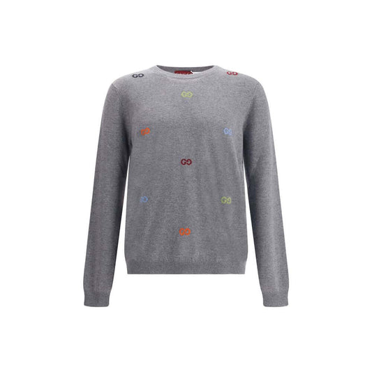 Gucci Gray Cashmere Sweatshirt with multicolor jacquard logos and ribbed trims, showcasing luxury and style for AW25 season.