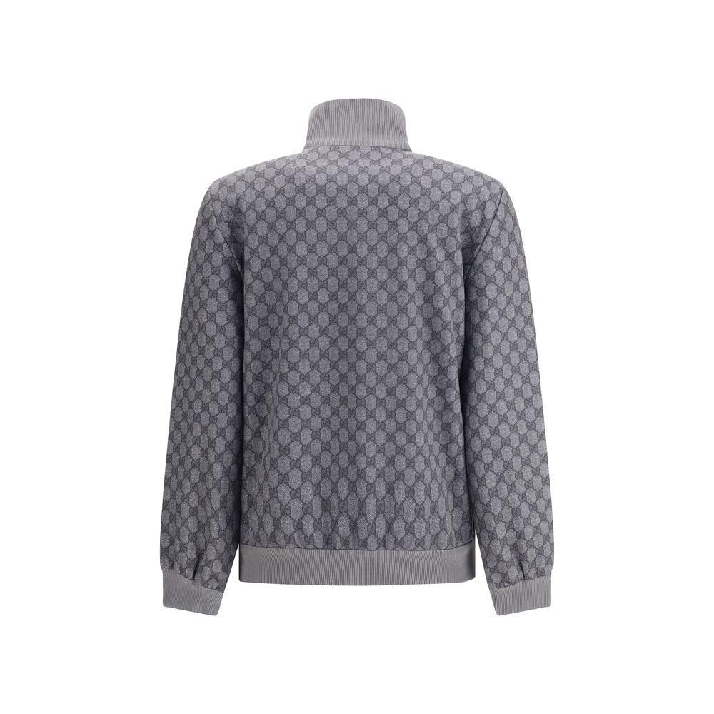 Back view of Gucci Gray Polyester Sweatshirt with iconic GG motif pattern, ribbed cuffs, hem, and high neck.