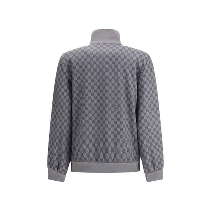 Back view of Gucci Gray Polyester Sweatshirt with iconic GG motif pattern, ribbed cuffs, hem, and high neck.