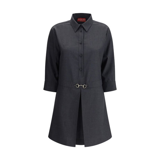 Gucci Gray Wool Casual Dress with classic collar, front buttons, and horsebit detail, showcasing elegant and refined style.