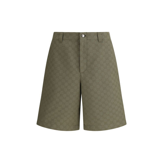 Gucci Green Cotton Bermuda Shorts with GG pattern, front zipper, and button closure, perfect for casual fashion, AW25.