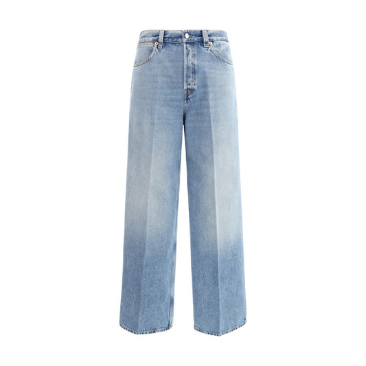 Gucci Light Blue Cotton Jeans Denim with a wide leg, faded effect, high waist, and contrast stitching for a vintage, modern look.