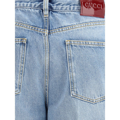 Back view of Gucci Light Blue Cotton Jeans Denim with contrast stitching and leather logo patch.