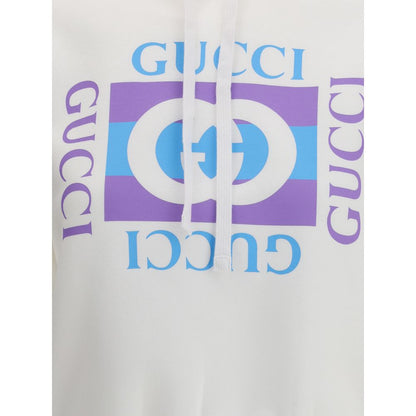 Gucci White Cotton Sweatshirt with vintage logo print, adjustable hood, ribbed trim, and retro feel for AW25 season fashion.