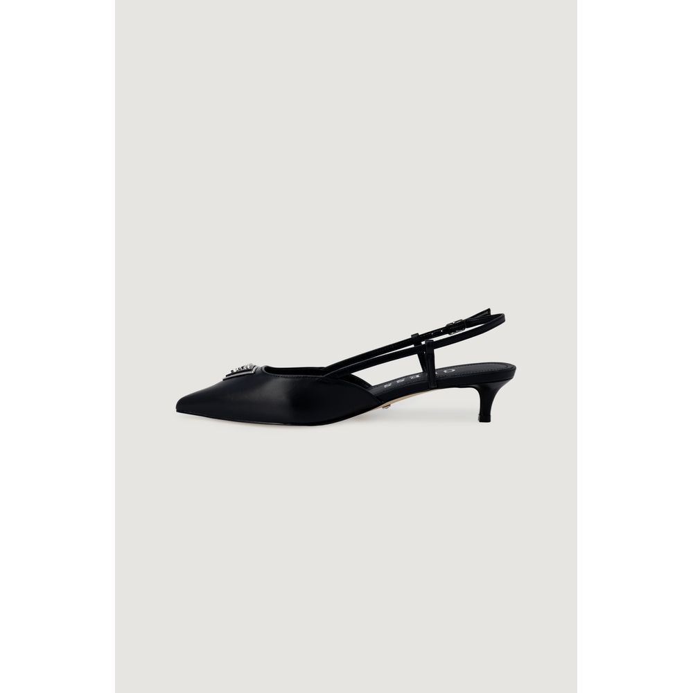 Guess Black Polyester High Heel slingback pump with pointed toe and low heel featuring metallic logo, side view.