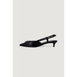 Guess Black Polyester High Heel slingback pump with pointed toe and low heel featuring metallic logo, side view.