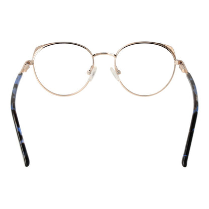 Guess Gold Metal Glasses (Frames) for women, round full-rim style, gold metal frame, demo plastic lenses, spring hinge, 47mm lens width.