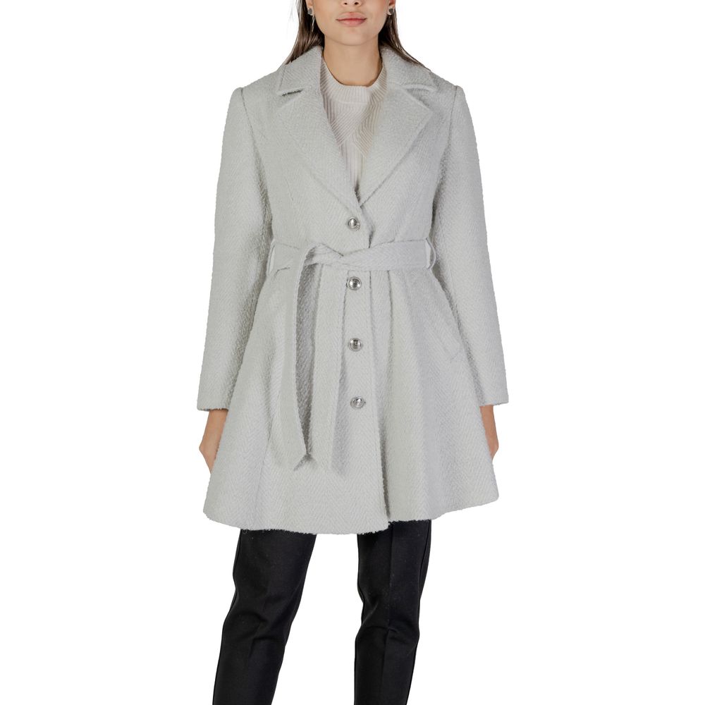 Guess Gray Polyester Coat with flared silhouette and waist belt, perfect for elegant winter style.