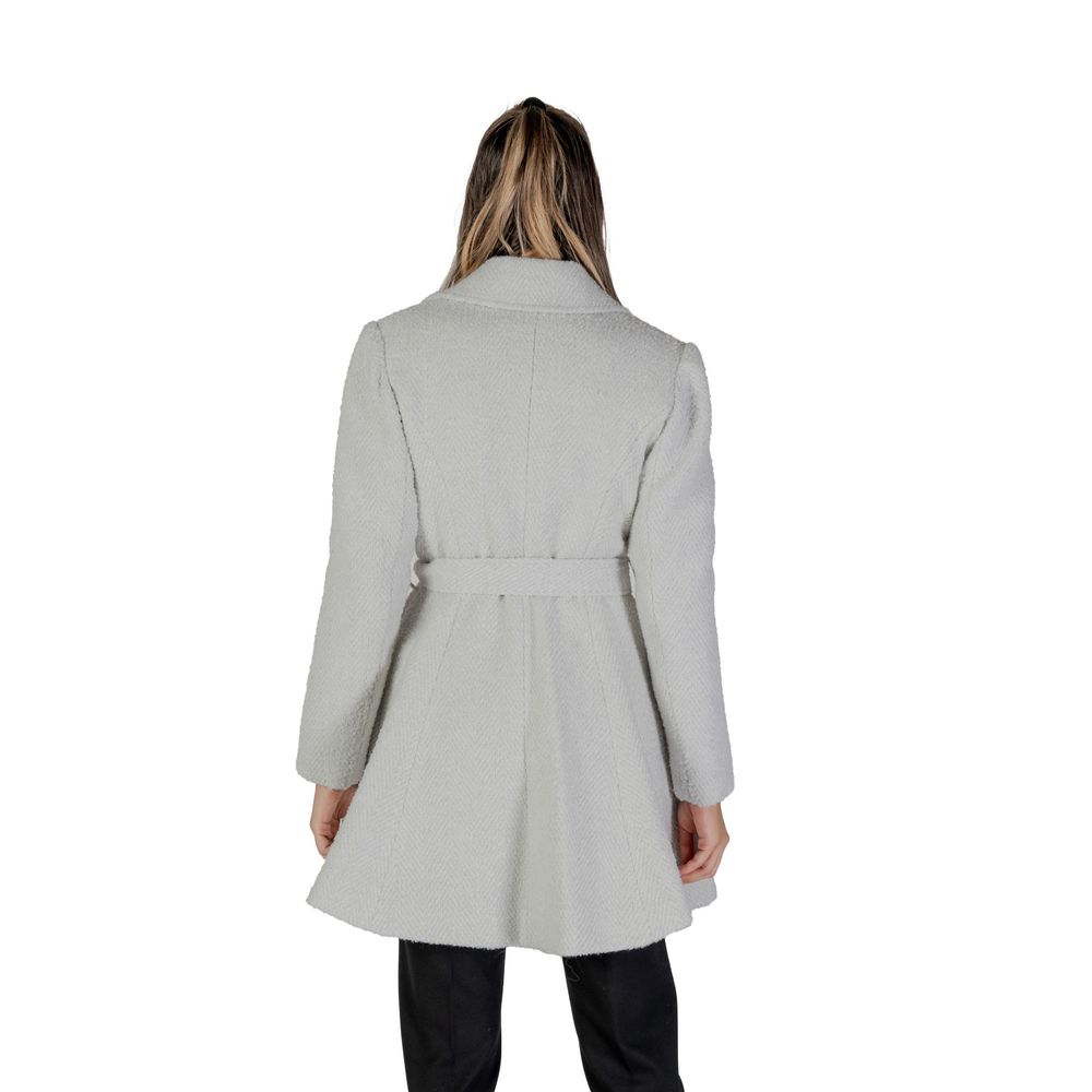 Back view of Guess Gray Polyester Coat with a waist belt, showcasing an elegant flared silhouette, perfect for stylish warmth in cold months.