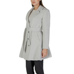 Guess Gray Polyester Coat, flared silhouette with waist belt, ideal for stylish and warm winter wear.