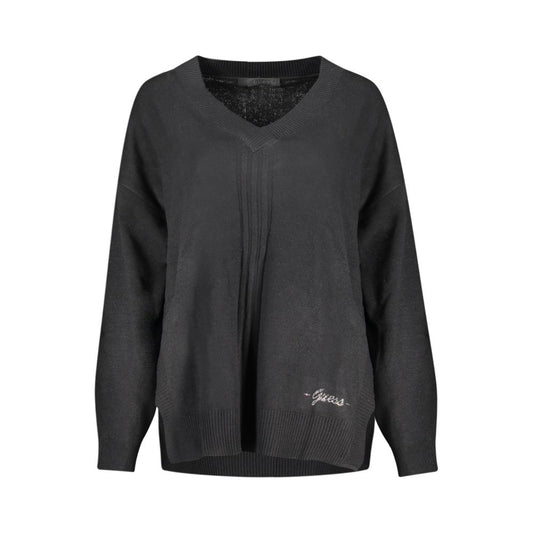 Alt Tag: Guess Jeans Black Cotton Sweater, long sleeved, V-neck with contrasting details and logo embroidery for stylish comfort.