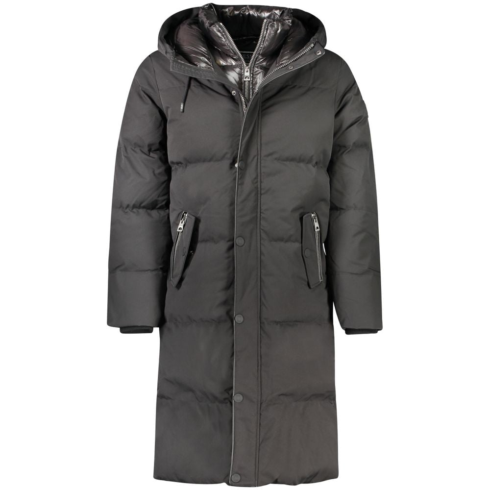 Guess Jeans Black Polyester Men Jacket with hood and pockets, showcasing modern style with water-resistant and warm features.