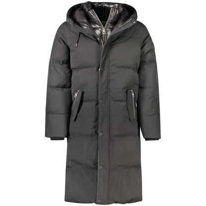 Guess Jeans Black Polyester Men Jacket with hood and pockets, showcasing modern style with water-resistant and warm features.