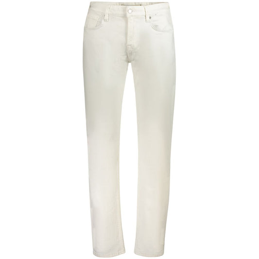 Guess Jeans White Cotton Mens Jeans with classic slim fit, 5-pocket design, button and zip closure, featuring iconic Guess logo.