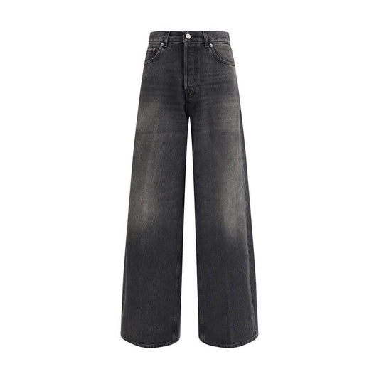 Haikure Black Cotton Relaxed Fit Jeans with five-pocket design and wide legs for comfortable style, featuring a logoed leather patch.