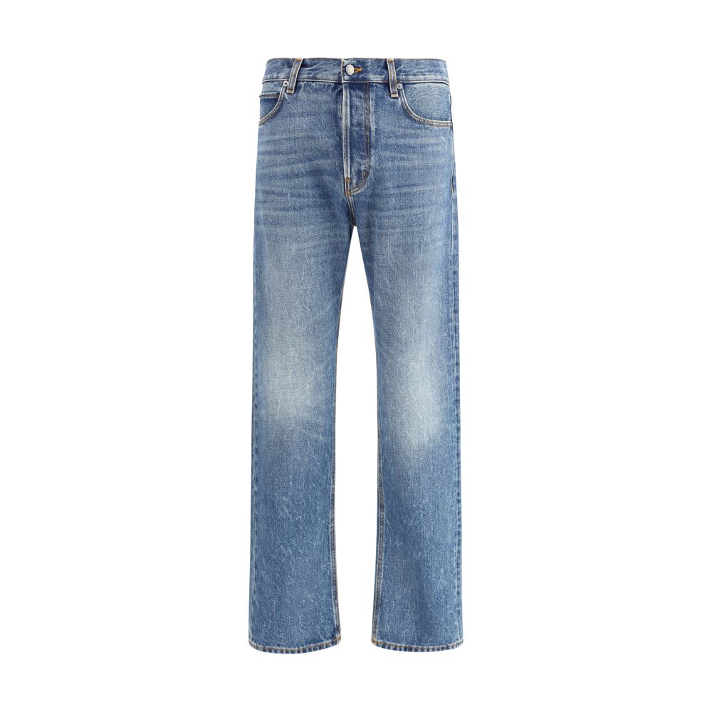 Haikure Blue Cotton Straight-Leg Jeans, five-pocket, front button closure, leather patch, vintage effect, regular fit, AW25.