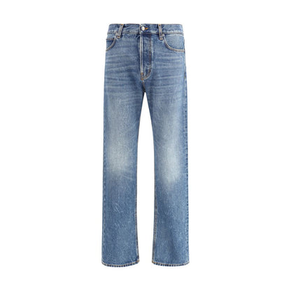 Haikure Blue Cotton Straight-Leg Jeans, five-pocket, front button closure, leather patch, vintage effect, regular fit, AW25.