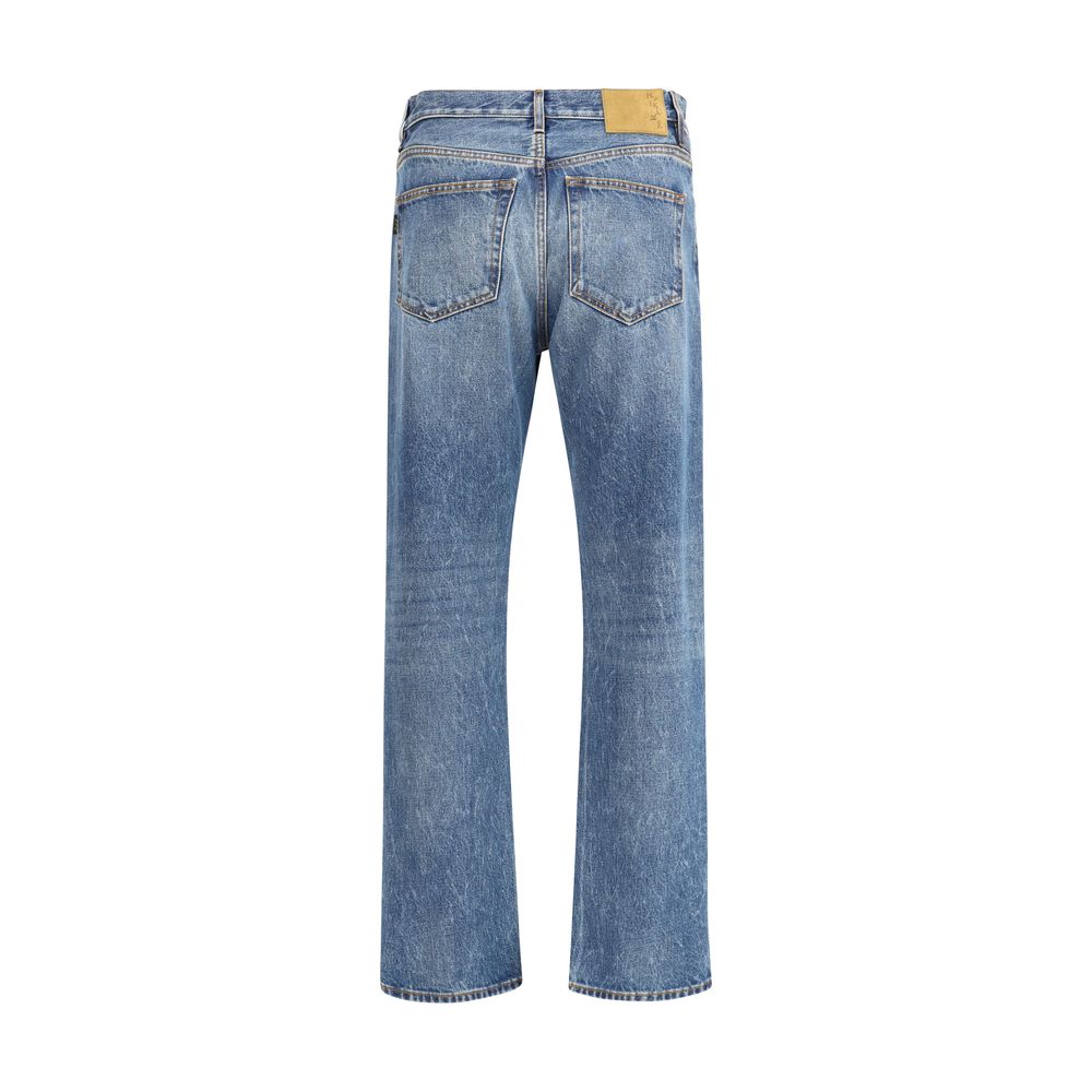 Back view of Haikure Blue Cotton Straight-Leg Jeans with leather patch and vintage effect.