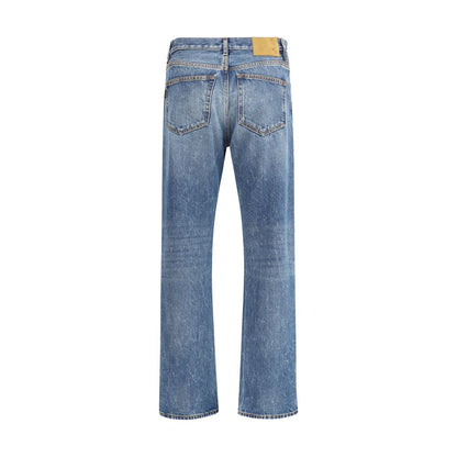Back view of Haikure Blue Cotton Straight-Leg Jeans with leather patch and vintage effect.